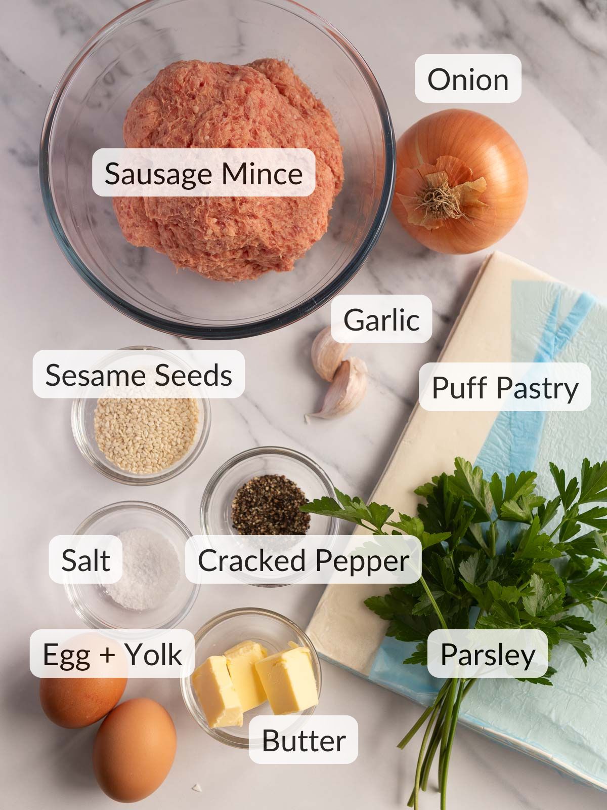Ingredients needed to make the best homemade sausage rolls.