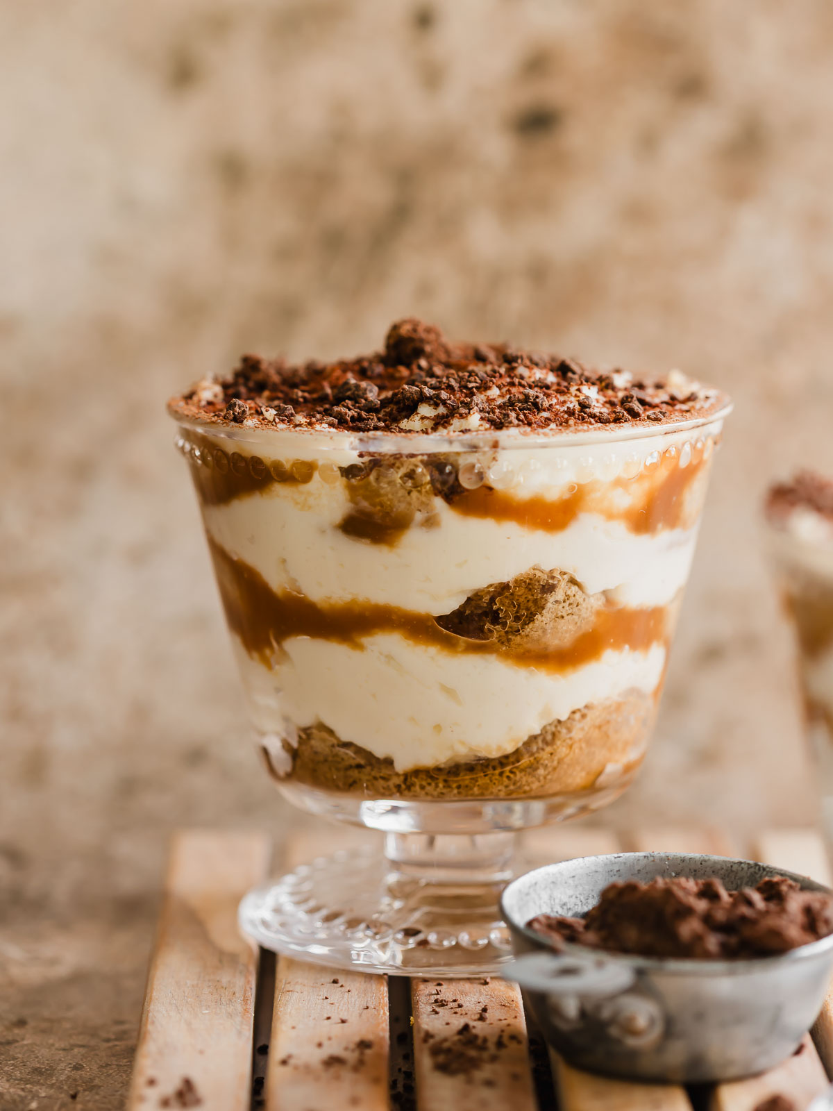 A super rich and fudgy individual salted caramel tiramisu.