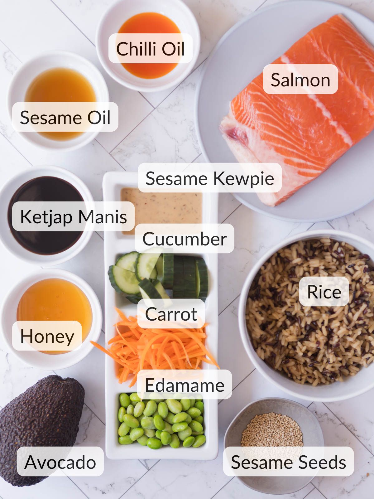 Colourful ingredients needed to make a salmon buddha bowl