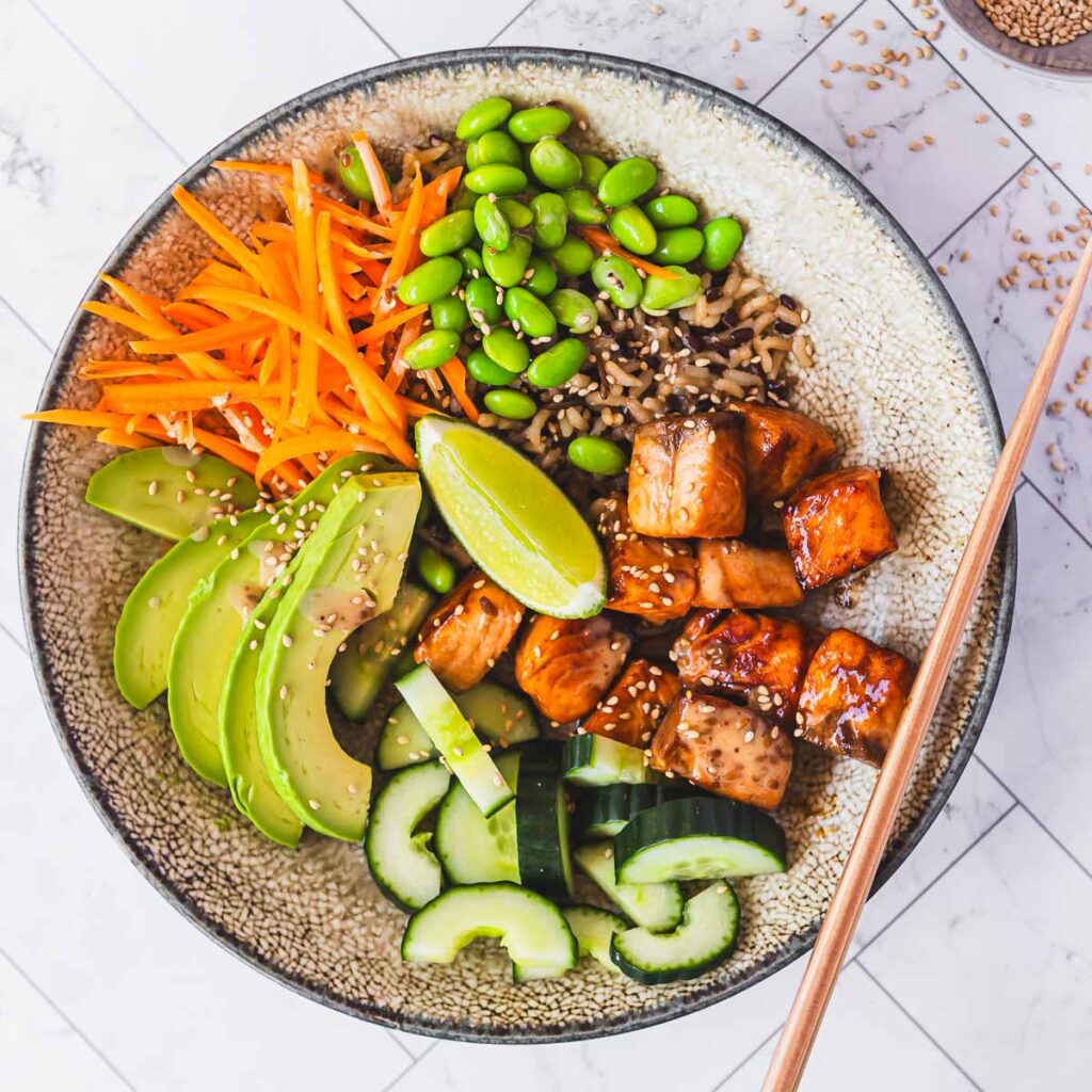 Salmon bowl recipe, using sticky honey soy salmon.