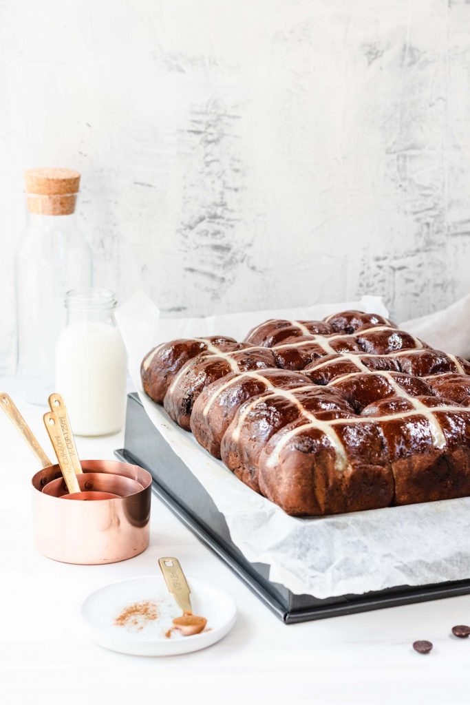 freshly baked chocolate hot cross buns