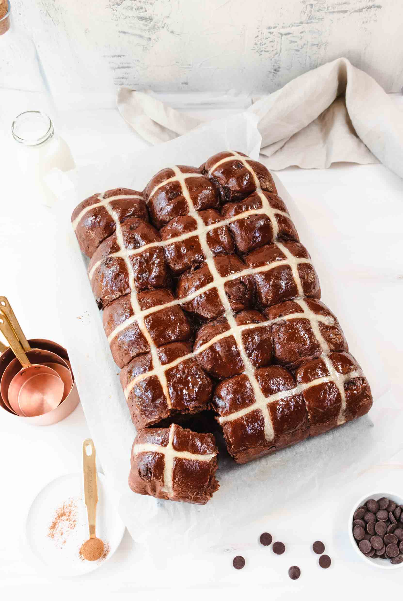 freshly baked chocolate chip hot cross buns