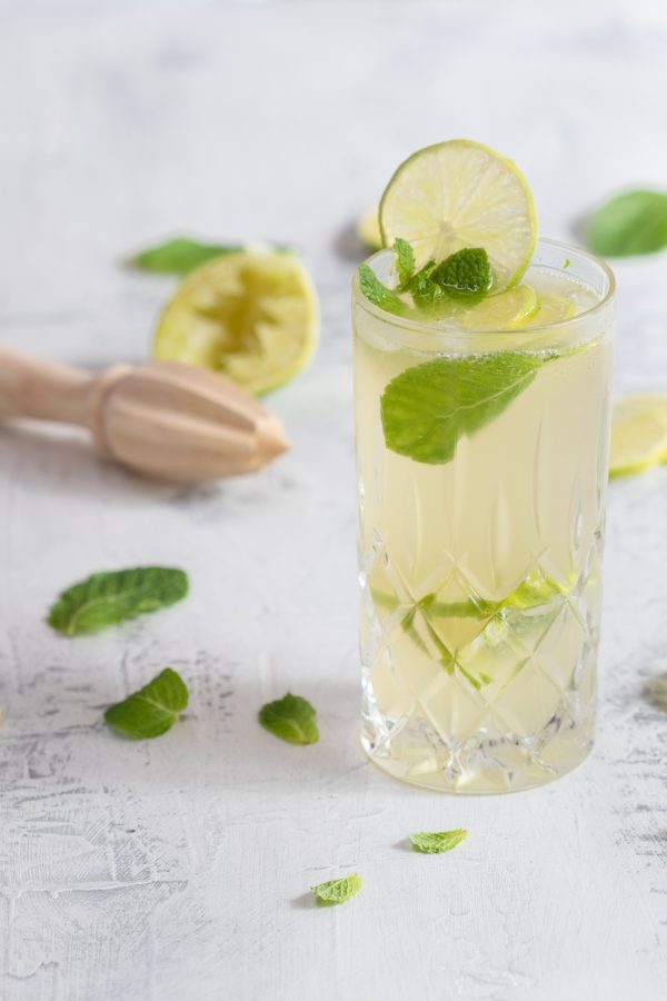 gin gin mule cocktail with lime and mint leaves