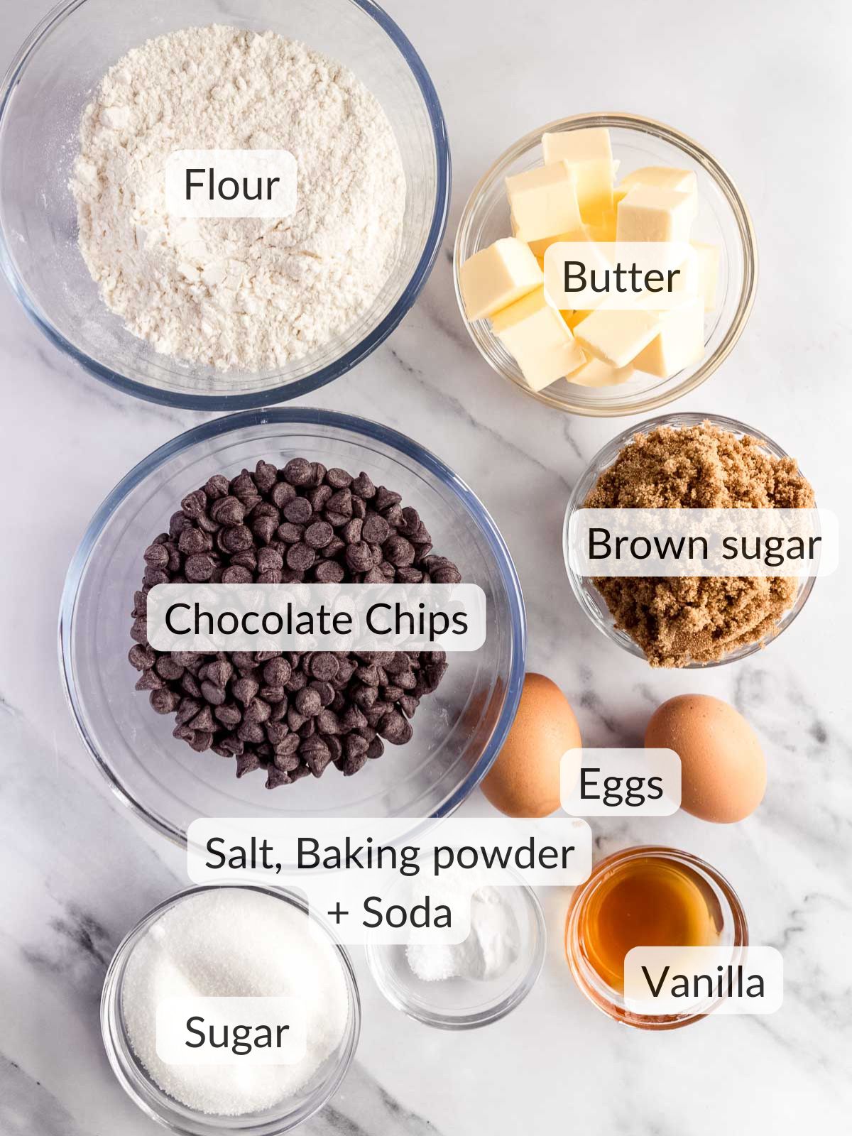 Ingredients needed to make the best no chill chocolate chip cookies.