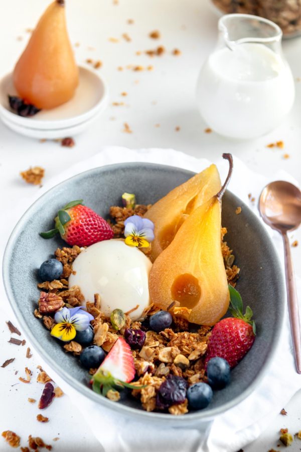 poached pears with granola and panna cotta
