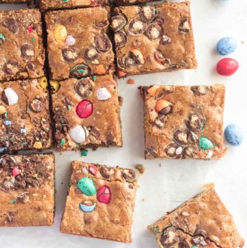 easter egg blondies cut into squares
