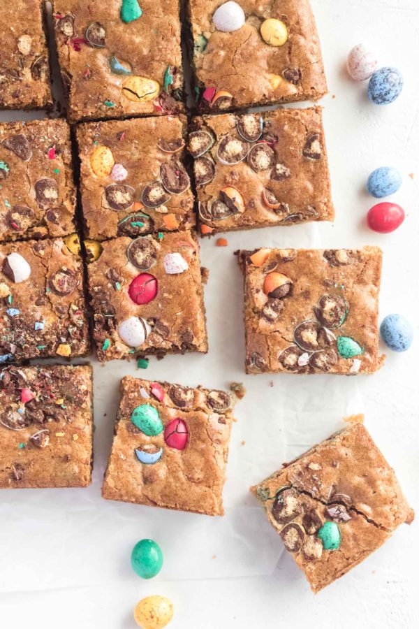 easter egg blondies cut into squares