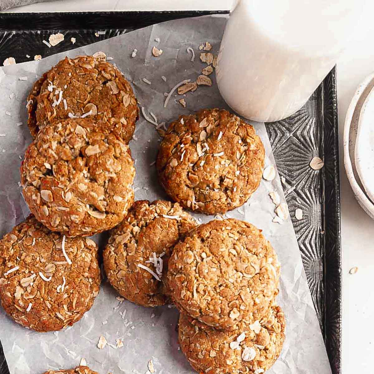 A tray of traditional ANZAC biscuits or cookies.