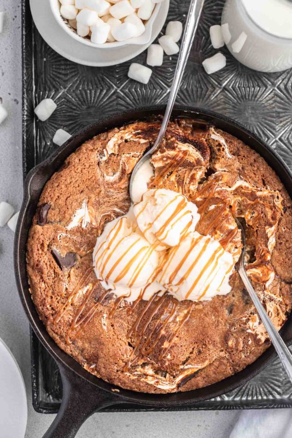close up of skillet cookie with ice cream