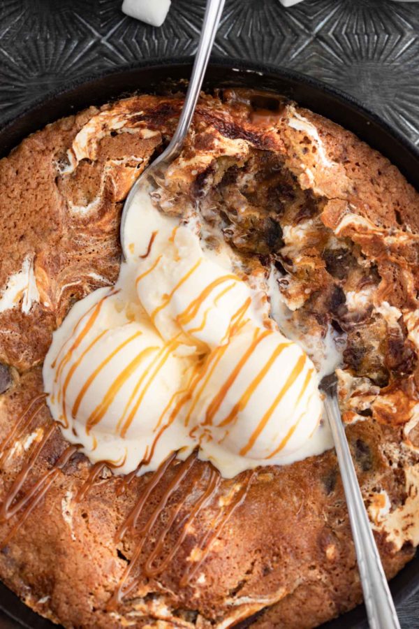 close up of inside a skillet cookie