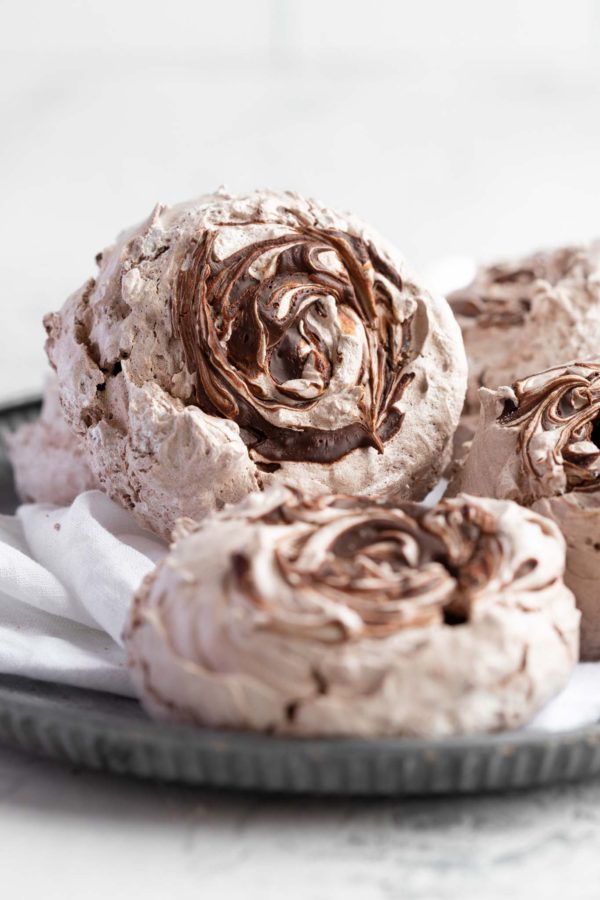 close up of chocolate meringue cookie