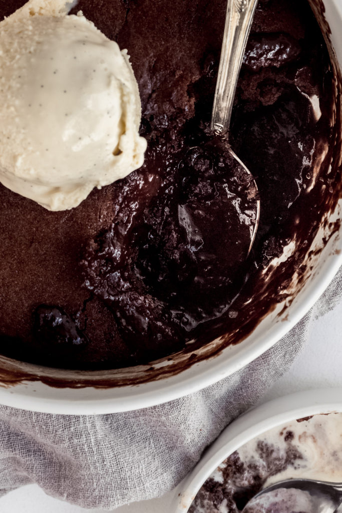 close up of chocolate pudding and ice cream