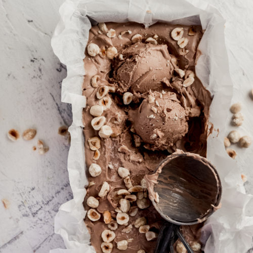 nutella ice cream in a vintage tray with a vintage scoop