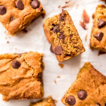 overhead shot of pumpkin blondies, with one on it's side
