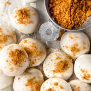 close up overhead shot of white chocolate truffles