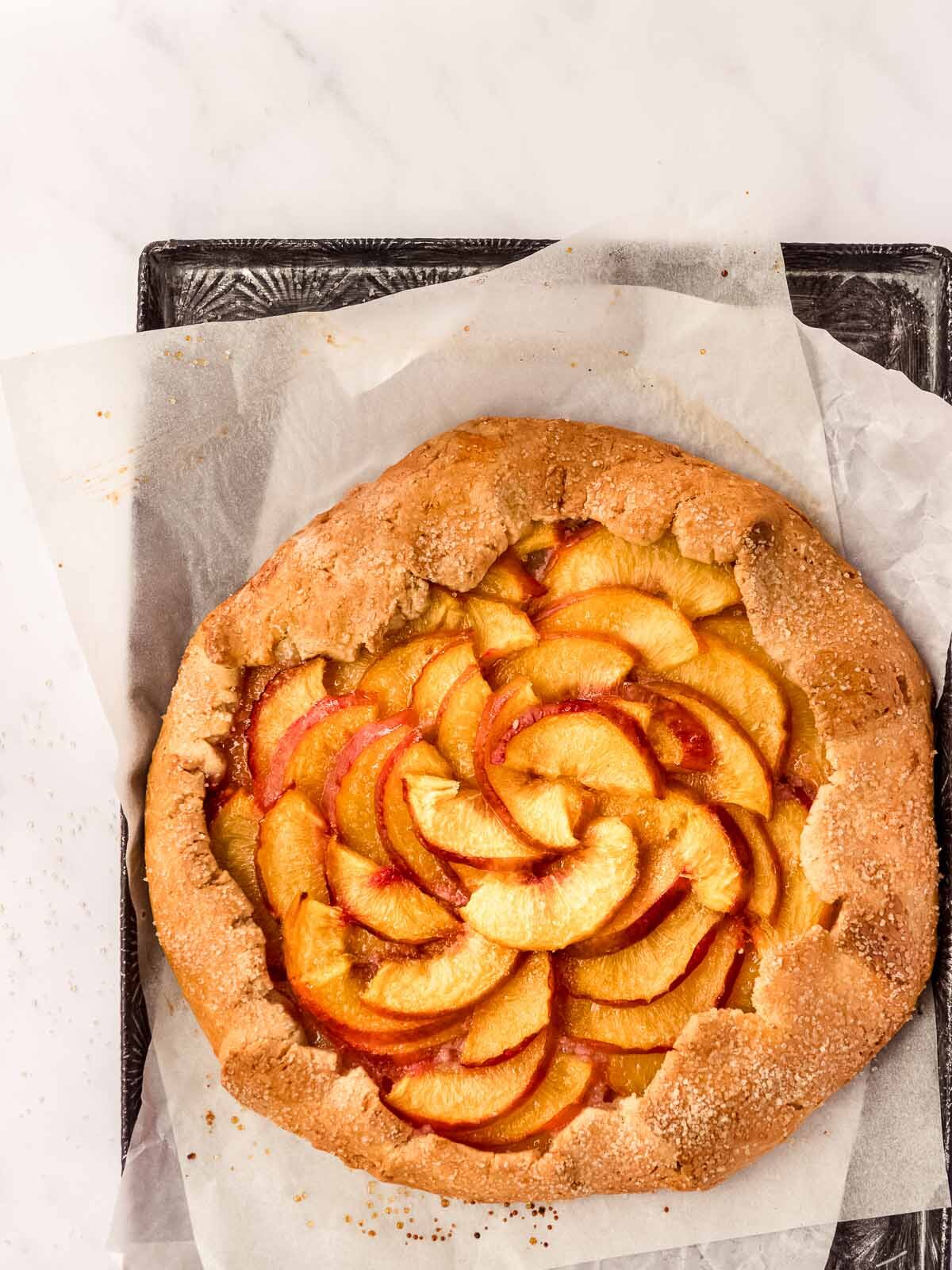 Nectarine galette on a baking tray
