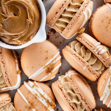 close up overhead shot of biscoff macarons