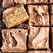 close up overhead shot of banana cake cut into squares