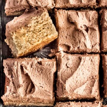 close up overhead shot of banana cake cut into squares
