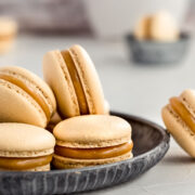 close up of French Macarons on a round vintage tray