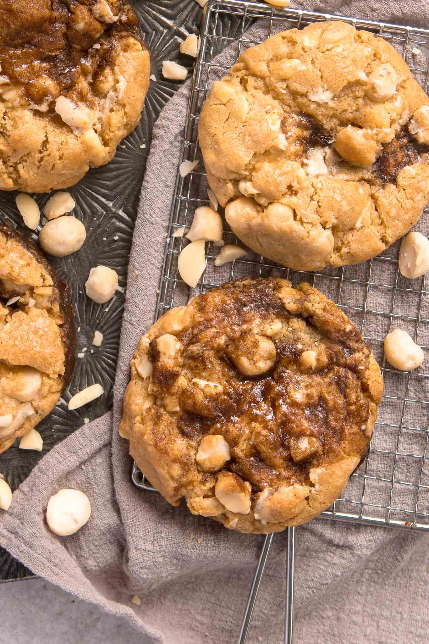 Giant cinnamon scroll cookies on a tray