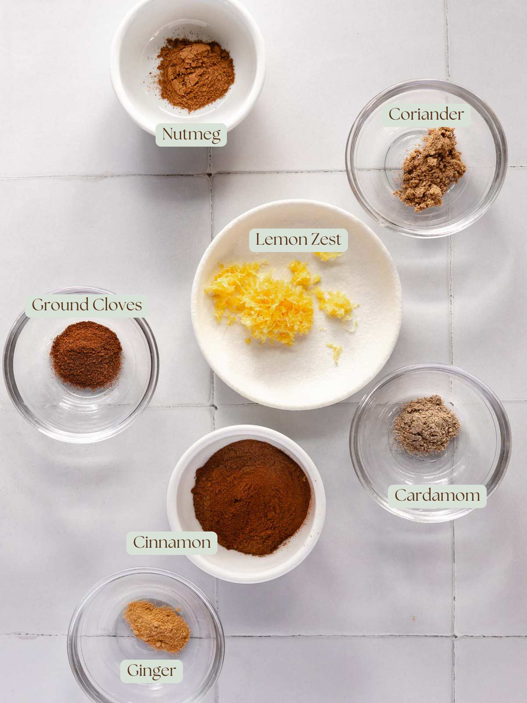 a flatly of ingredients needed to make speculaas spice mix. All of the separate spices are in individual bowls