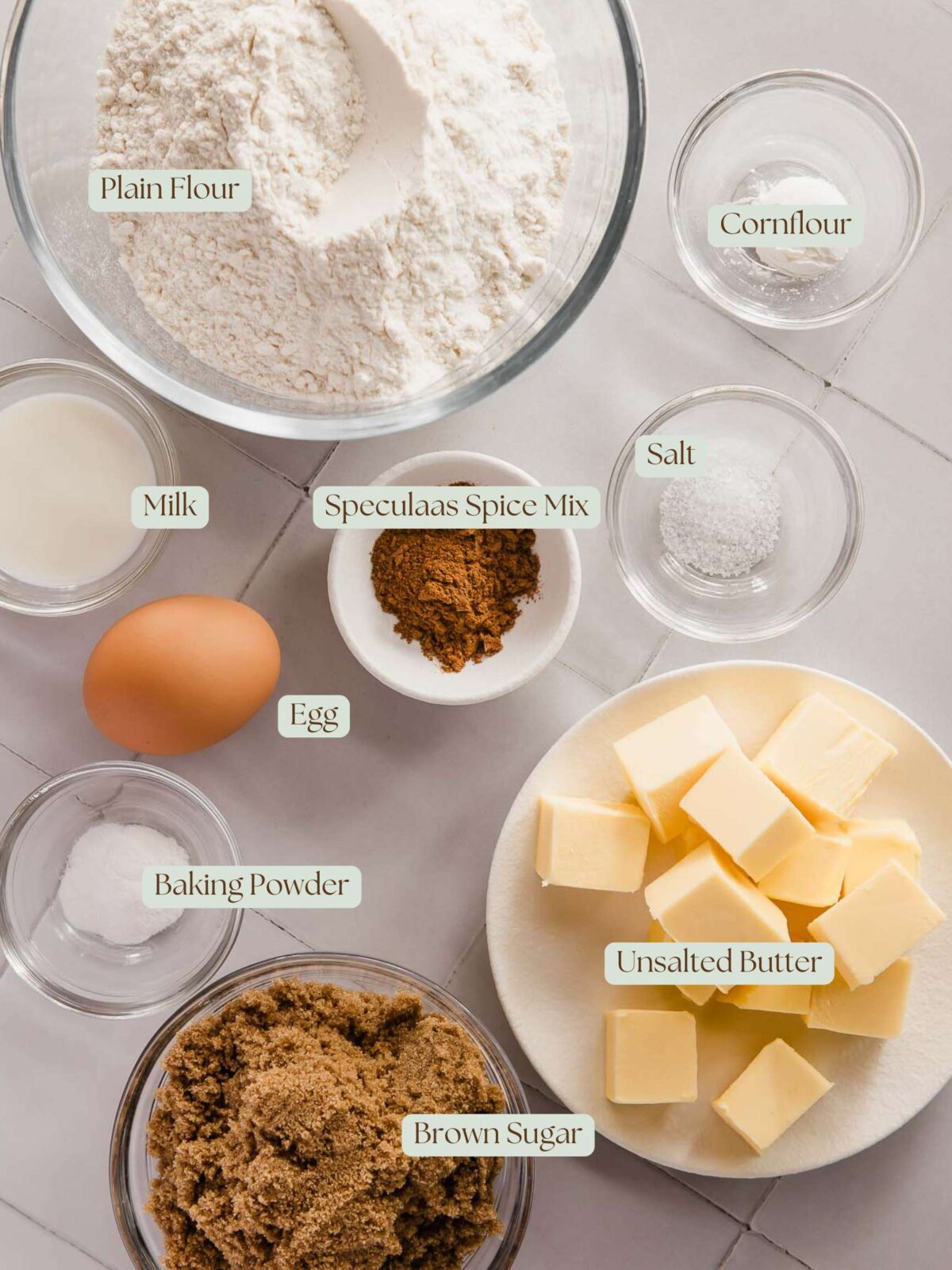 flatlay of labelled ingredients to make speculaas sugar cookies