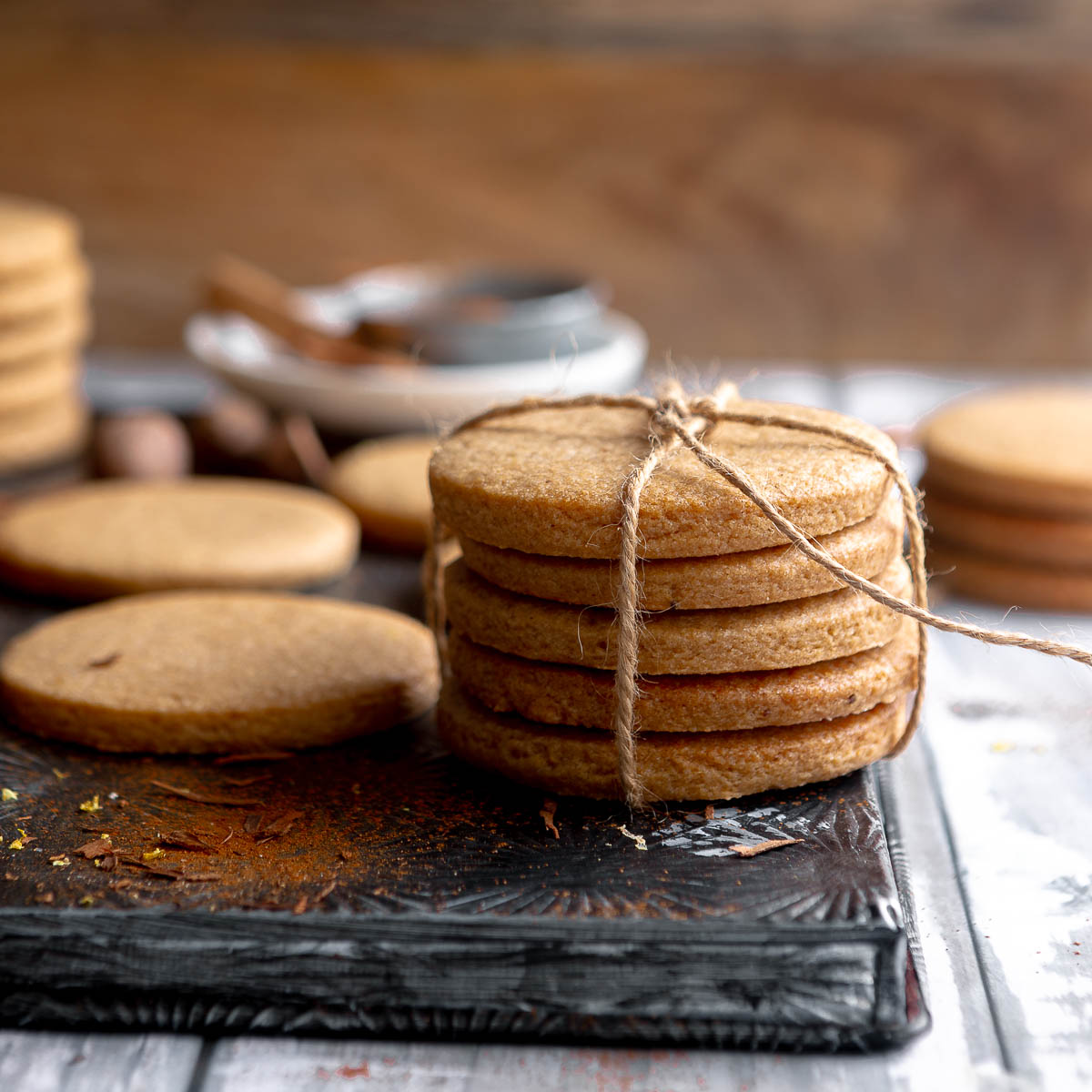 plain speculaas sugar cookies (perfect for Christmas) tied in a stack with twine