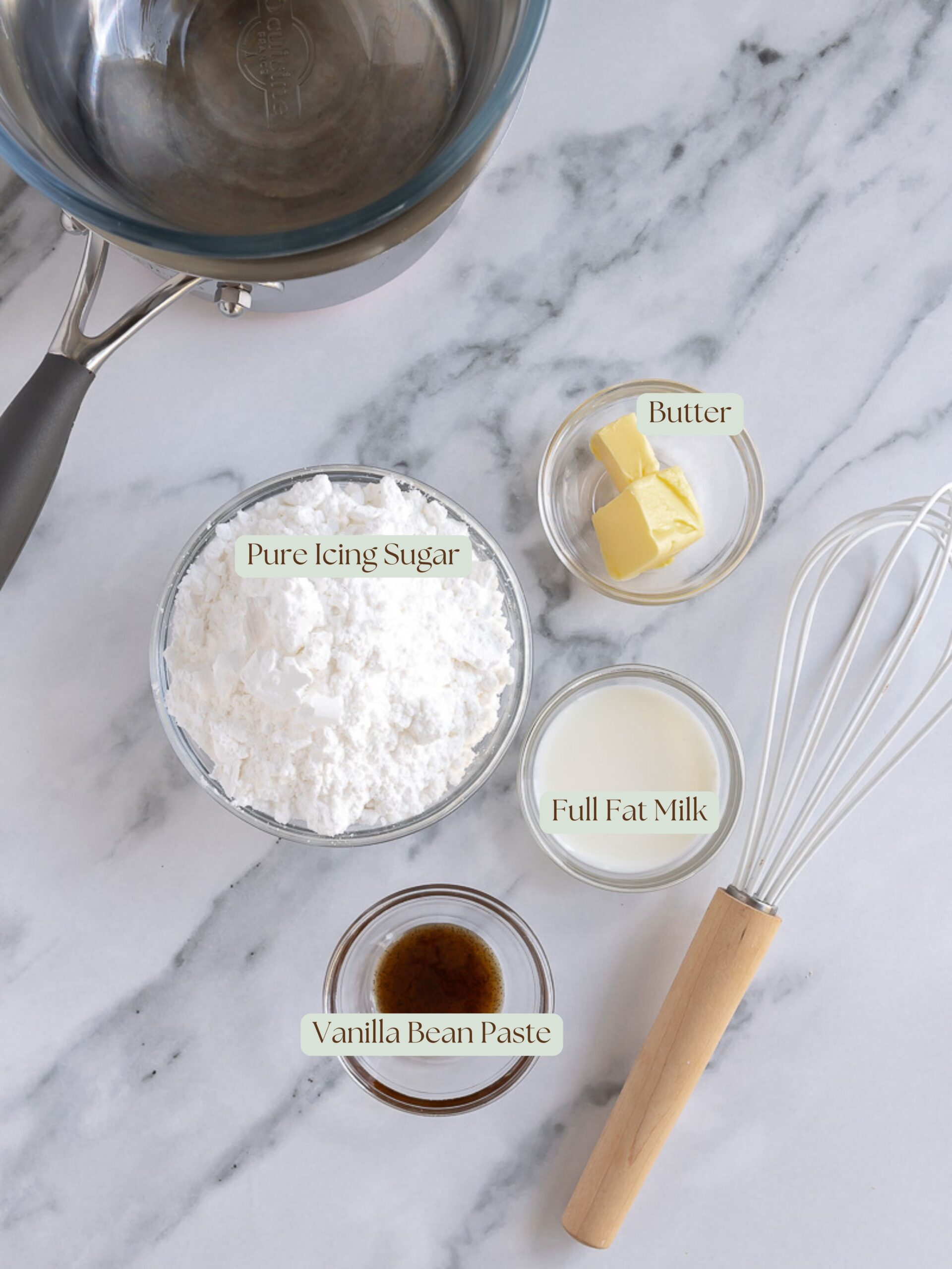 flatlay display of all the ingredients needed to make an easy vanilla bean glaze