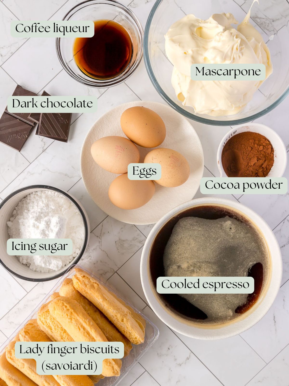 flatlay of ingredients used to make an authentic Italian tiramisu