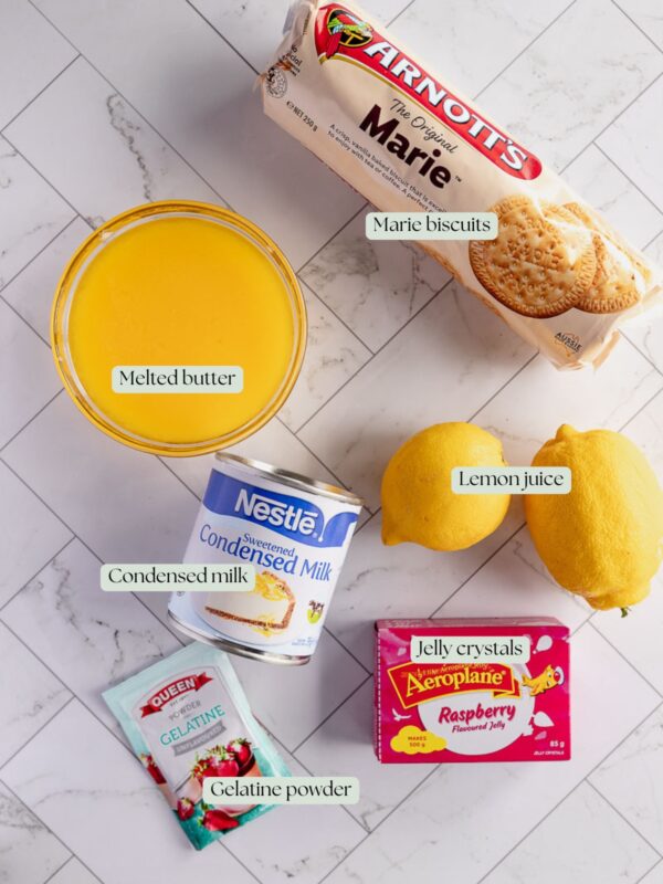 flatlay of ingredients used to make easy jelly slice recipe