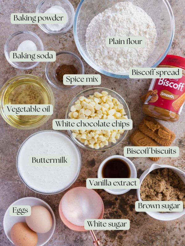 a flatlay of the ingredients used to make biscoff muffins