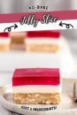 A square of no bake jelly slice sits on a small round plate.