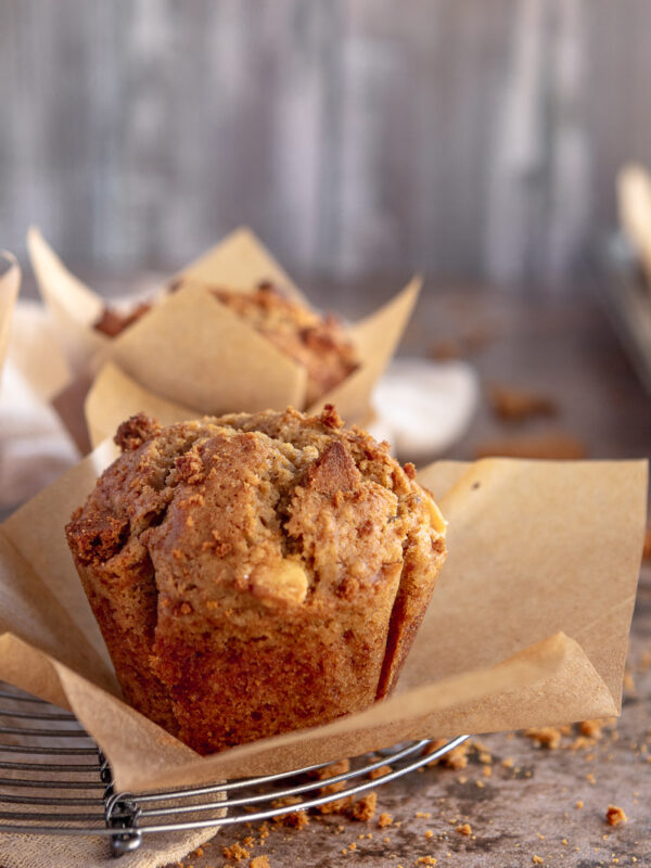 close up of a biscoff muffin with the paper muffin case removed