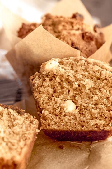 Fluffy biscoff muffins with white chocolate chips.