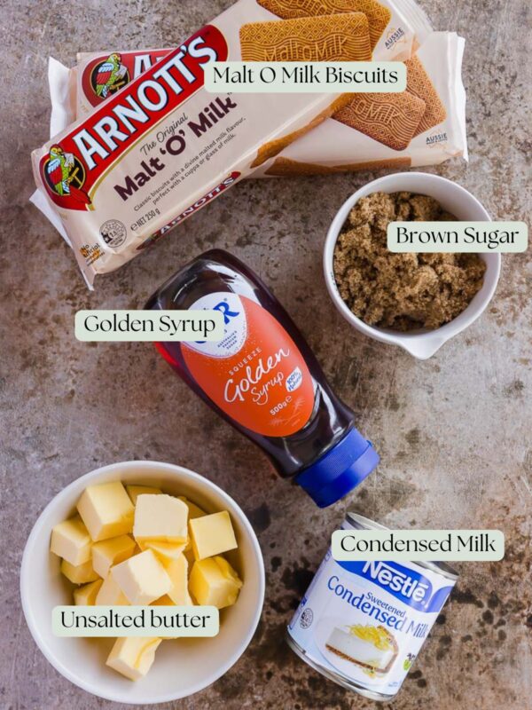 overhead shot of the ingredients needed to make quick and easy no bake caramel slice