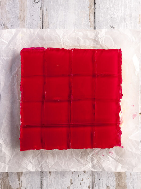 set jelly slice, cut into 16 squares