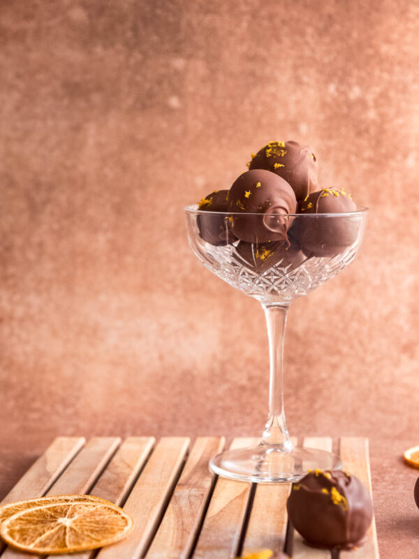 orange liqueur chocolate truffles in a cocktail glass