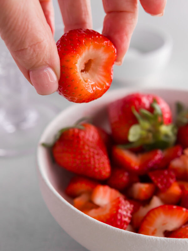 bowl of strawberries, hulled and sliced