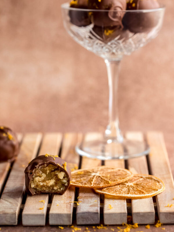 bite shot of orange liqueur chocolate truffles