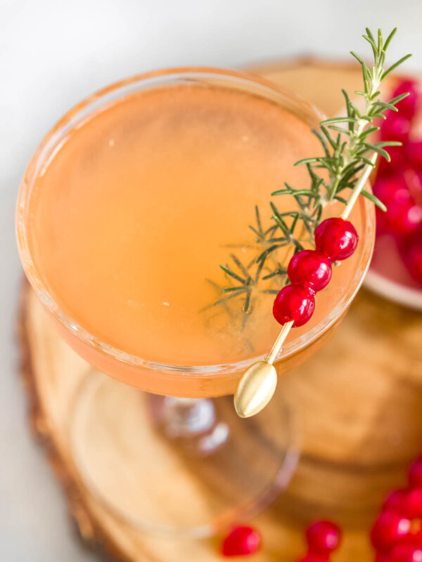 overhead shot of cosmopolitan spritz in a cocktail glass 