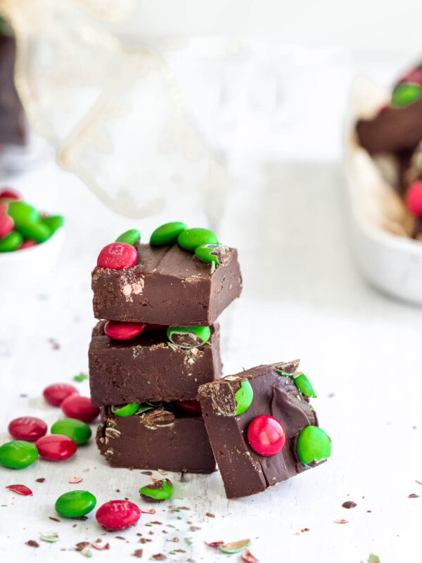 4 pieces of chocolate fudge, topped with red and green M7Ms