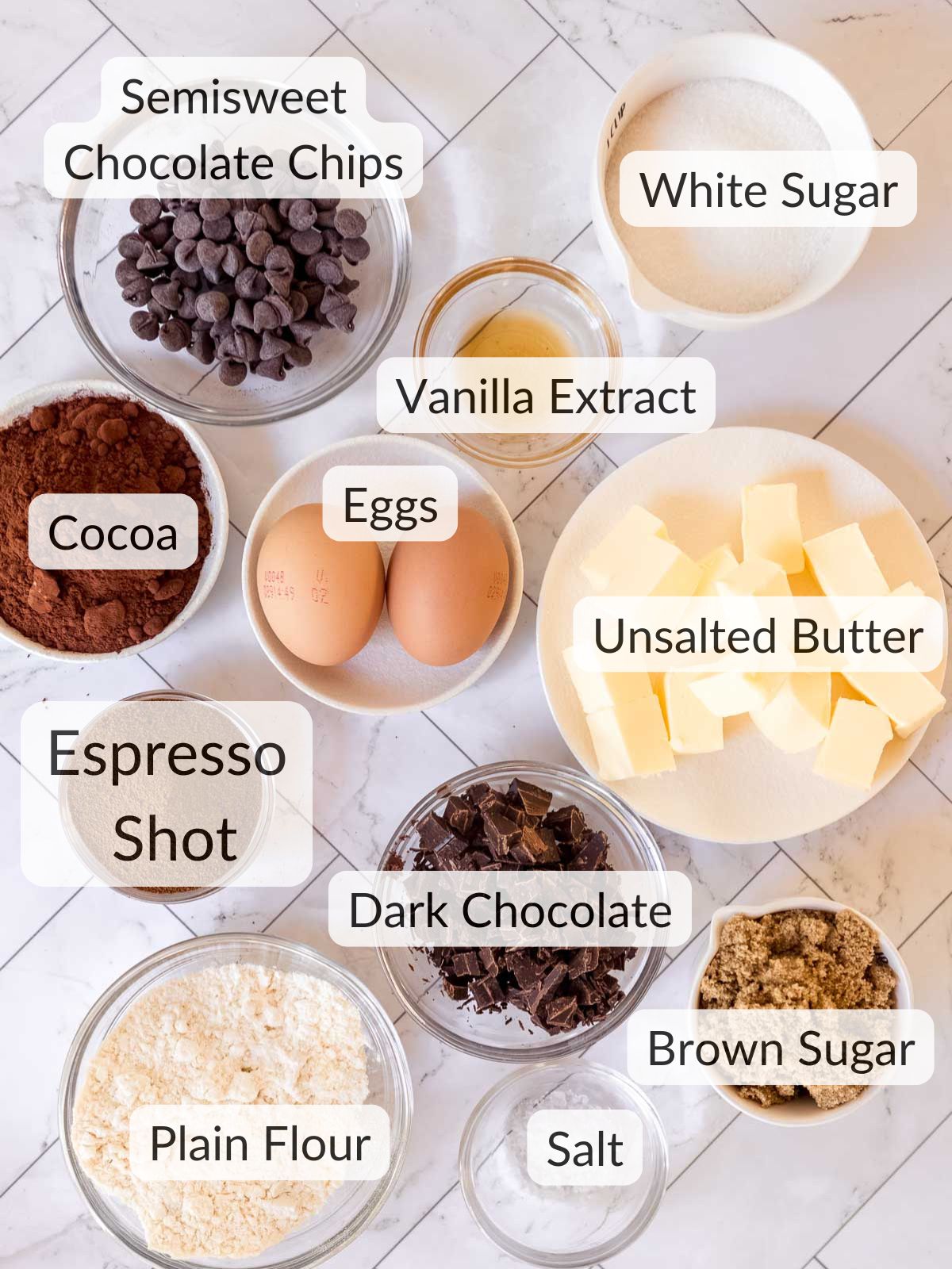 Ingredients needed to make espresso brownies.