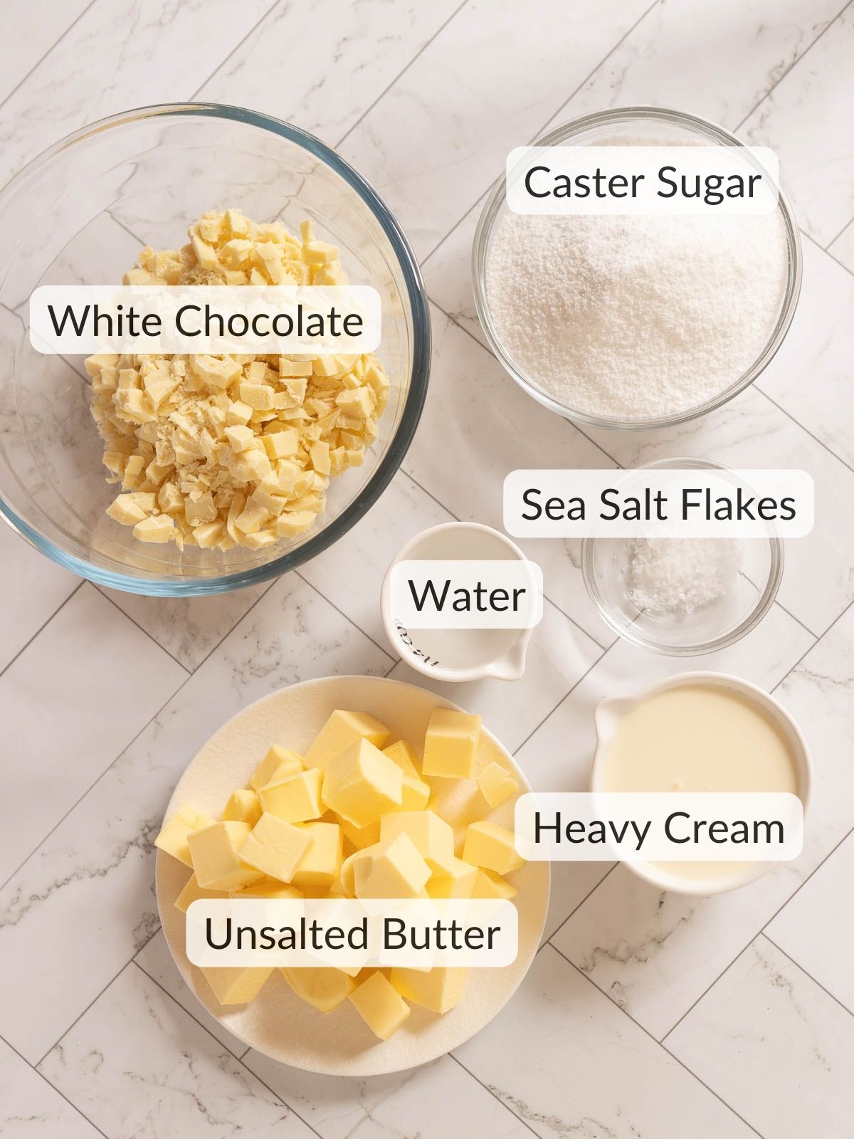 Ingredients needed to make salted caramel ganache.