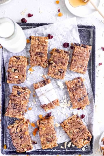 Homemade cinnamon granola bars on a vintage tray
