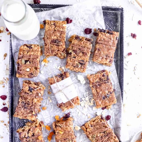 Homemade cinnamon granola bars on a vintage tray