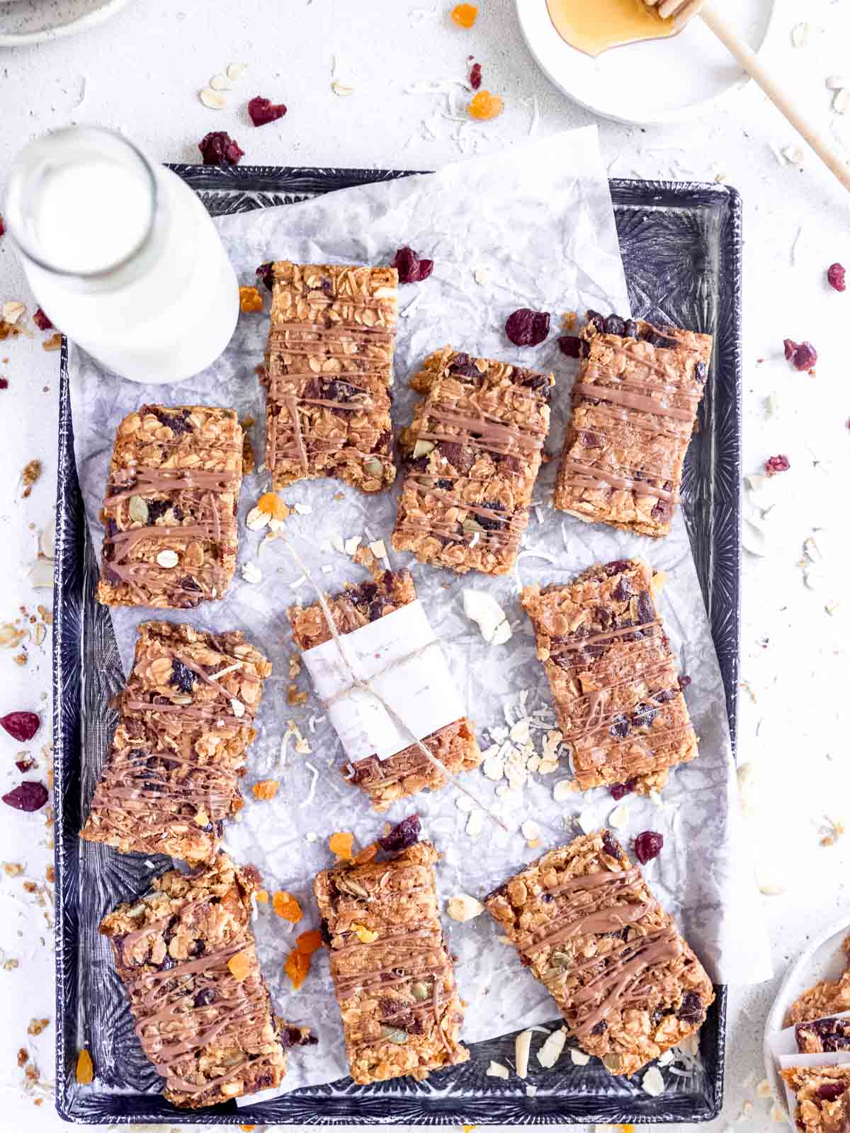 Homemade cinnamon granola bars on a vintage tray