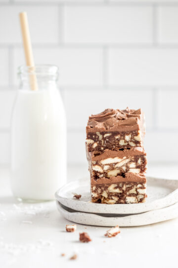 No-bake hedgehog slice, cut into squares and served with a bottle of milk.