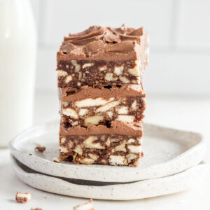 Three squares of easy no-bake hedgehog slice.