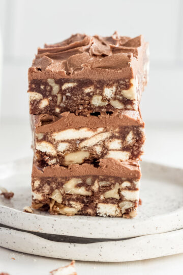 Three squares of easy no-bake hedgehog slice.